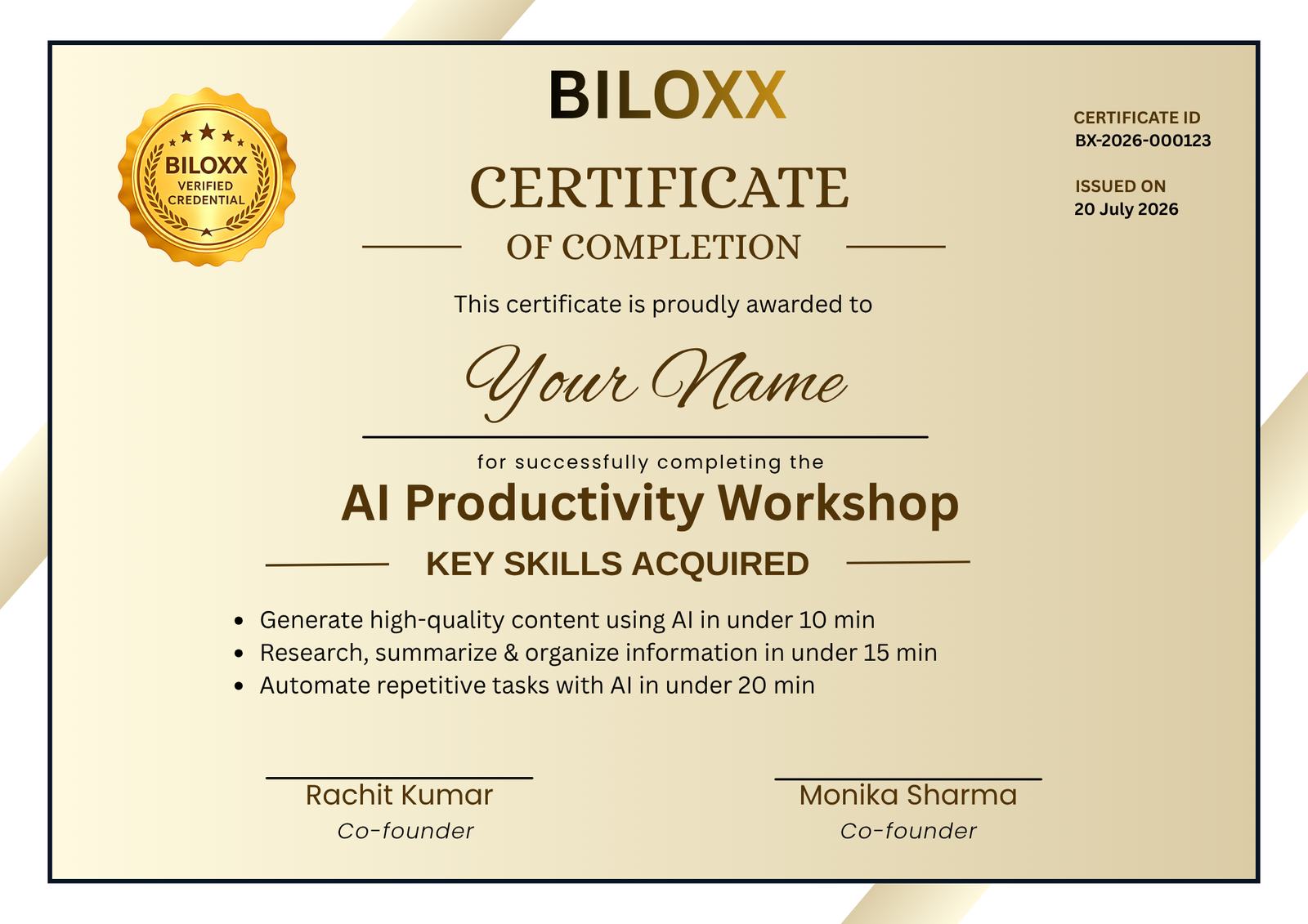 Biloxx Workshop Certificate
